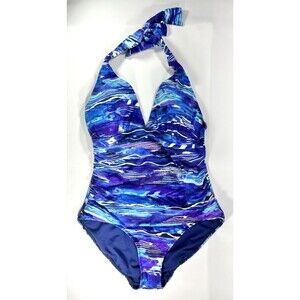 Ralph Lauren Blue Calypso Printed Halter One Piece Swimsuit Women's Size 8